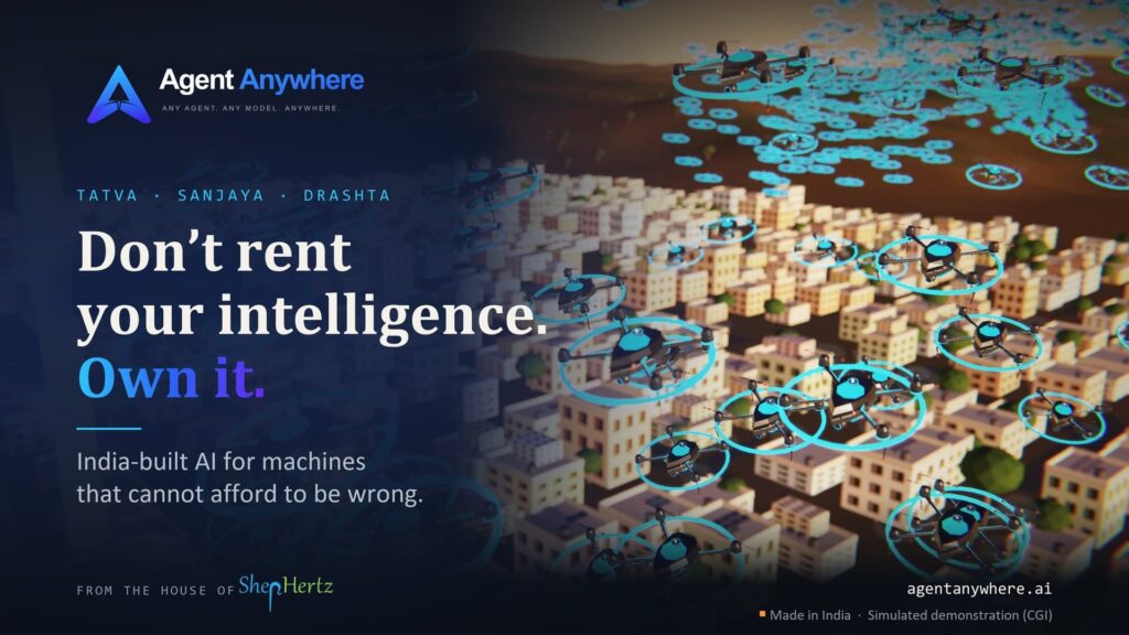 ShepHertz’s Tatva, Sanjaya and Drashta Bring Offline AI to Drones, Satellites and Other Constrained Devices Simulated drone swarm scene from ShepHertz's AgentAnywhere launch for Tatva, Sanjaya and Drashta
